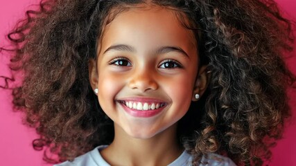 Young girl with curly hair is smiling and posing for a picture. The pink background adds a pop of color to the scene, making it feel cheerful and lighthearted