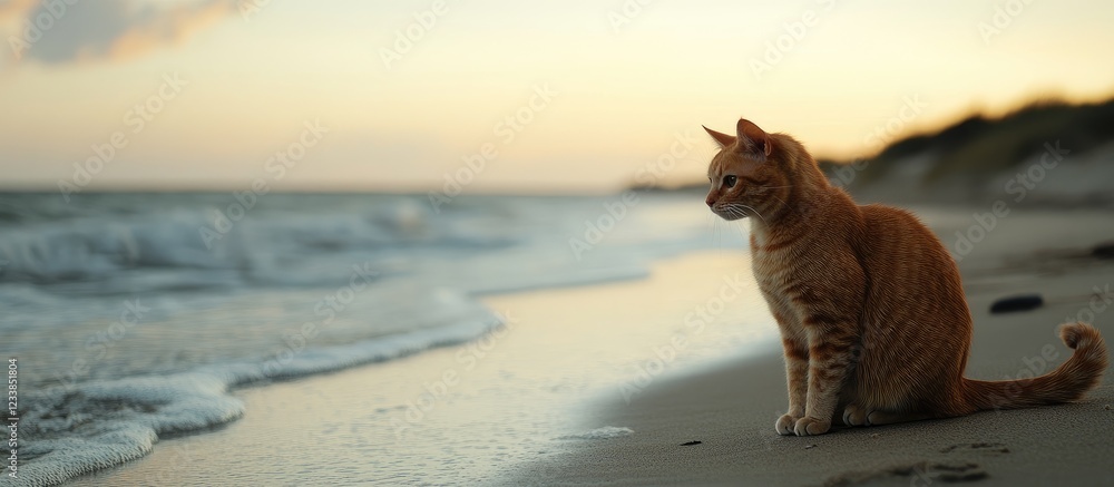 Aufkleber cat sitting on the beach at sunset with empty space for text and a serene sky backdrop creating a tr