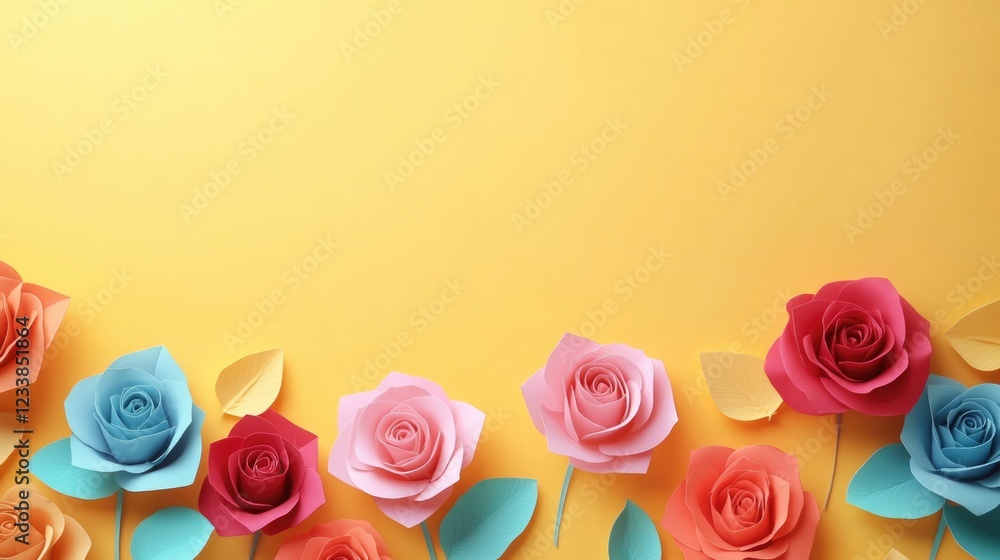 Poster vibrant paper rose flowers against yellow background with copyspace for text and design elements