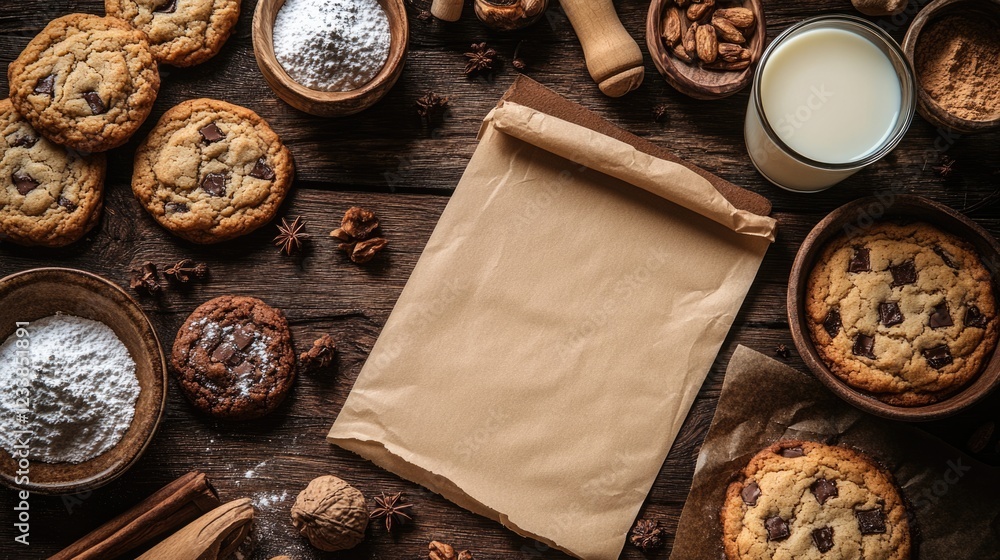 Poster top view of baking utensils milk and sugar with empty parchment paper on wooden table surrounded by 