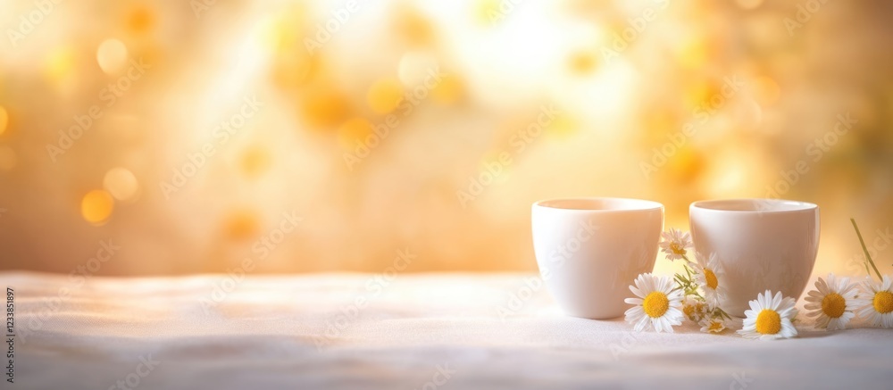 Poster warm shadows and white glass cups with chamomile flowers on soft background creating ample space for