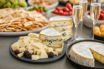 A gourmet cheese platter pairs luxury cheeses with crisp crackers. Cheese platter with crackers and champagne flutes on a festive table.