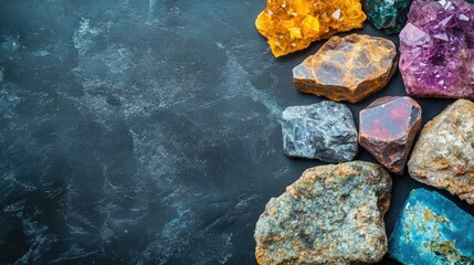 Vibrant tropical mineral rocks on dark surface displaying diverse colors and textures with ample copyspace for creative text placement
