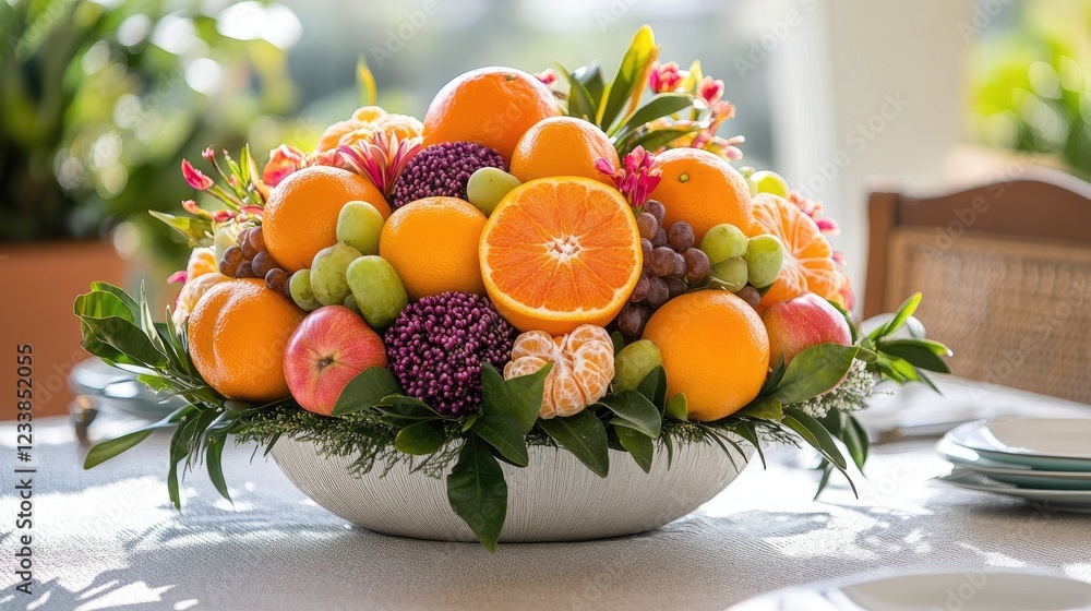 Poster vibrant arrangement of assorted citrus fruits and grapes in a decorative bowl on a table creating a 