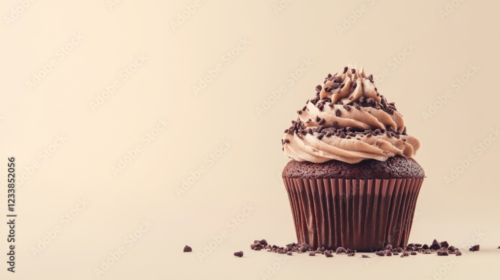 Poster Triple Chocolate Cupcake with Swirled Frosting and Chocolate Sprinkles on Neutral Background for Text Placement and Branding