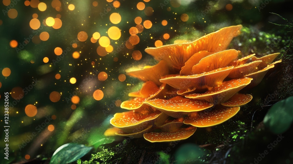Poster vibrant bracket fungus surrounded by warm bokeh in a lush green forest environment
