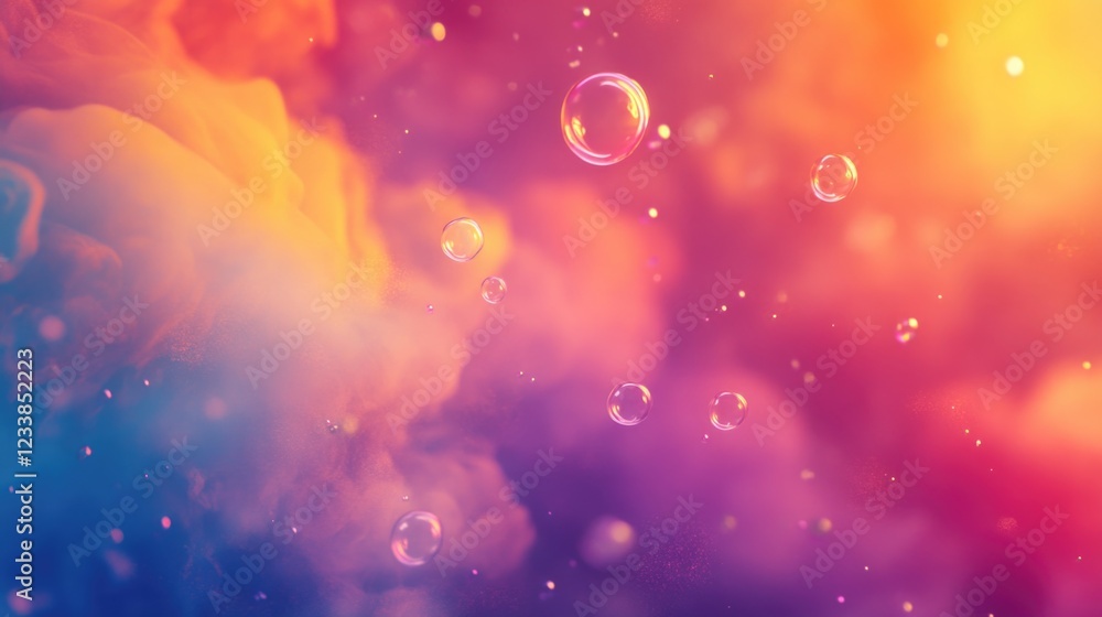 Poster Colorful Dreamy Background with Floating Bubbles in Air Surrounded by Vibrant Swirls and Soft Textures Creating a Magical Atmosphere