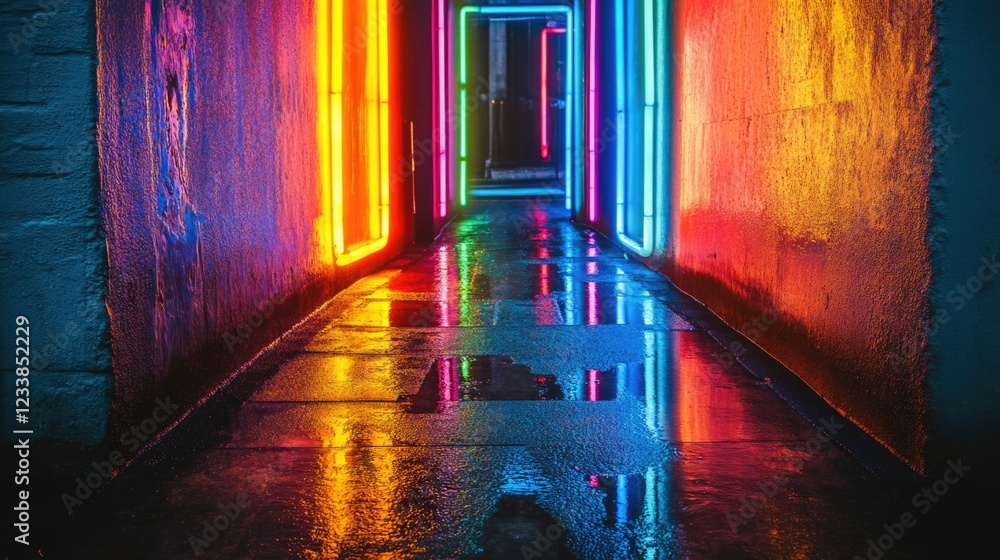 Poster vibrant neon lights reflecting on wet pavement in an empty alleyway with ample space for text and cr