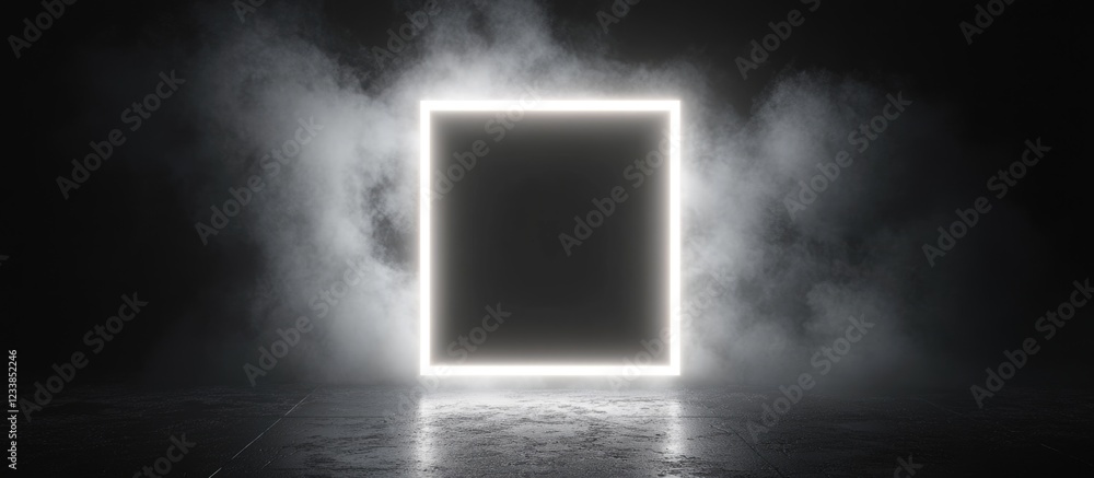 Poster white neon frame illuminated in dark space with smoky background for custom text or graphic placemen