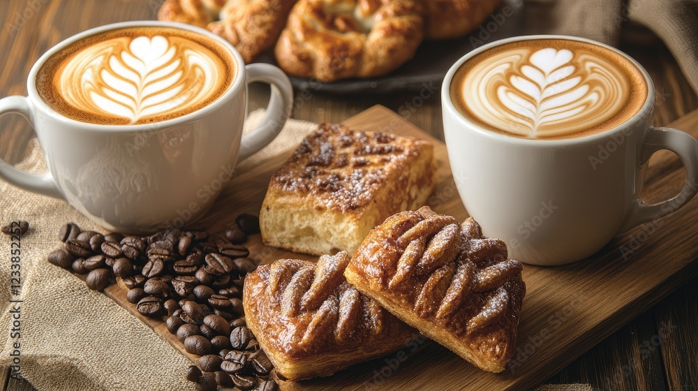 Poster cups of coffee with latte art beside assorted pastries on a wooden table with coffee beans and burla