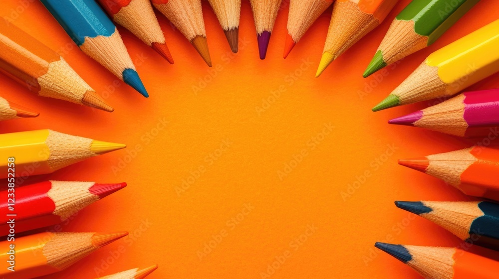 Poster Colorful pencils arranged on a bright orange background creating a vibrant frame with ample copyspace for creative text or design elements.
