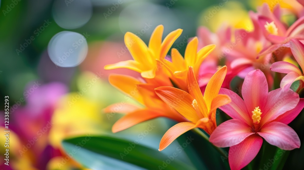 Poster vibrant tropical flower background with bokeh effect and space for text or graphics