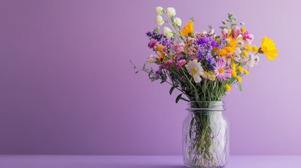 Fototapeta premium Colorful wildflower bouquet in frosted jar against a soft purple background showcasing nature's beauty and vibrant floral arrangements.