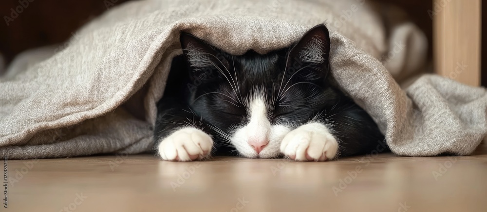 Poster cozy sleeping tuxedo cat under blanket with empty space for text in home setting. perfect for pet re