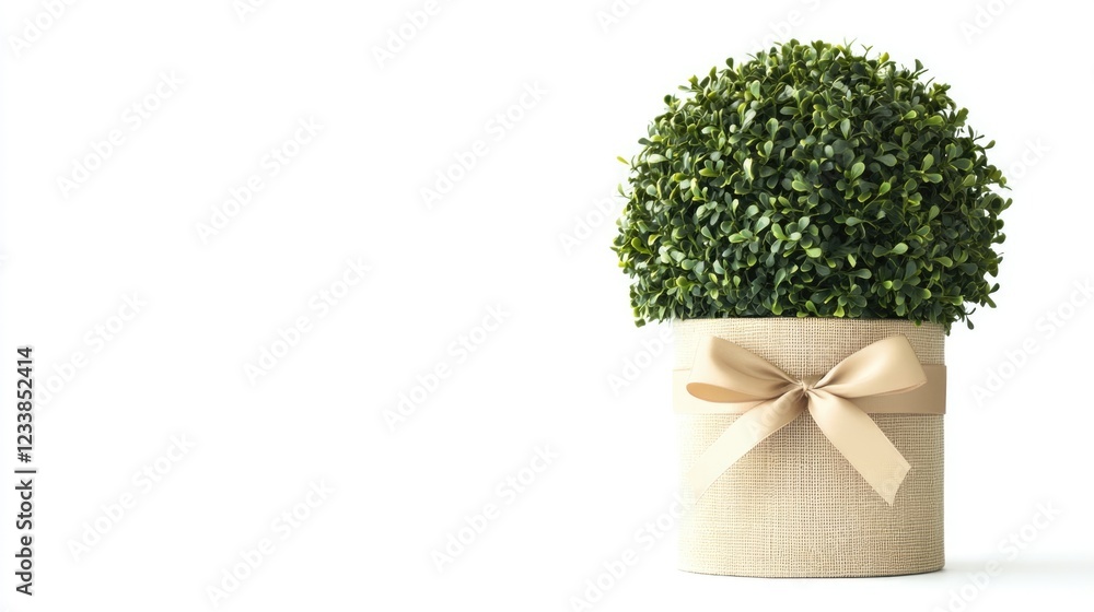 Poster topiary gift box with ribbon bow on white background featuring empty space for text or advertising p