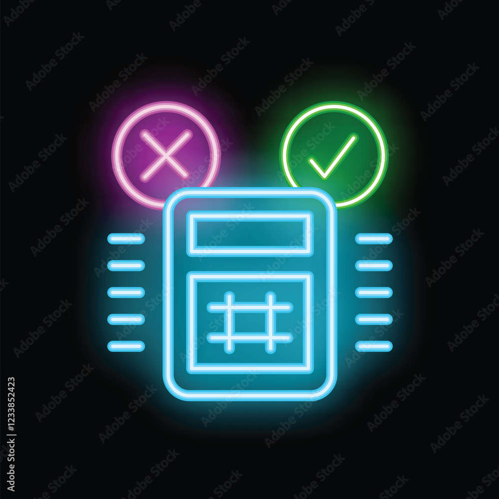 Poster bright neon calculator icon with checkmark and cross marks, representing correct and incorrect answe