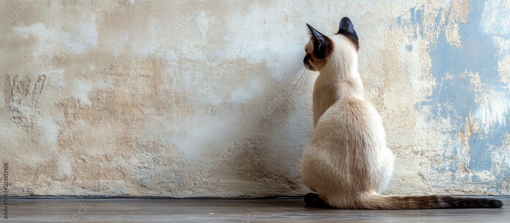 Poster playful siamese cat gazing at wall with empty copy space for text in a cozy indoor setting