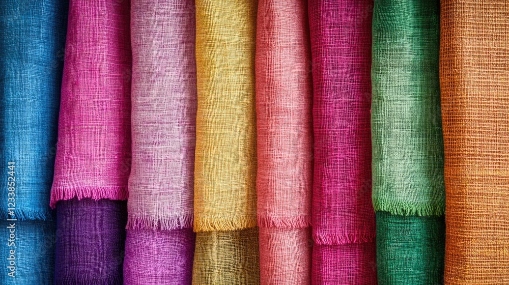 Poster vibrant textiles display in a clean factory setting with empty space for custom text or branding