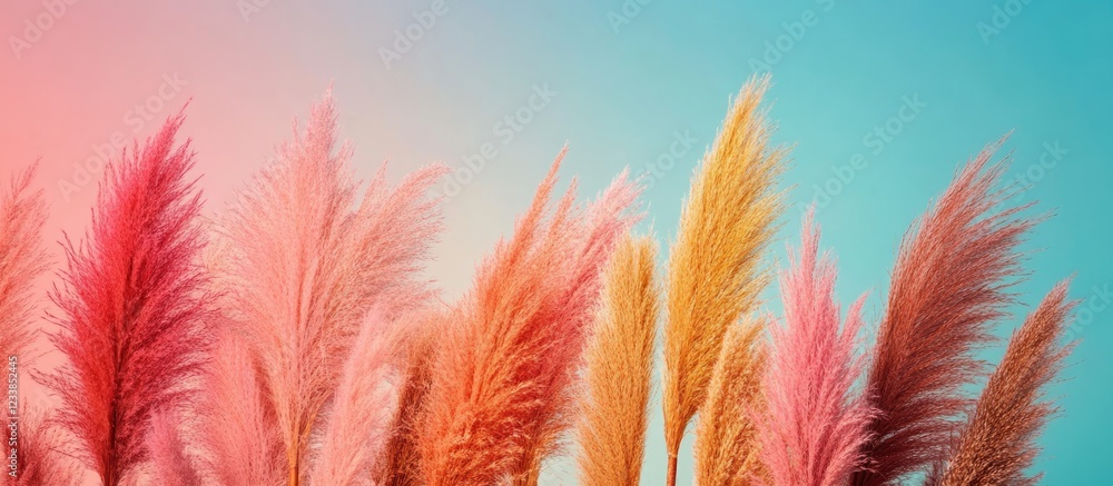 Poster Vibrant pampas grass display with colorful plumes against a soft gradient background and ample space for customization and text placement