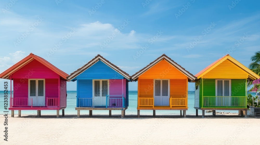 Poster colorful traditional beach houses with a serene shoreline and open space for text or design elements