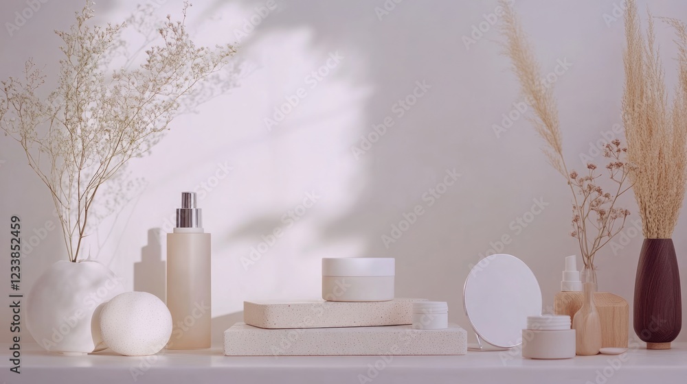 Aufkleber minimalist skincare product arrangement with soft lighting and empty space for text showcasing natur