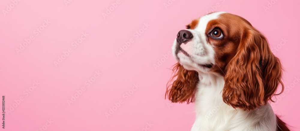 Aufkleber cavalier king charles spaniel portrait with empty space for text on soft pink background ideal for a