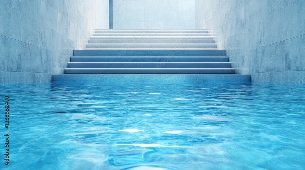 Poster perspective view of serene pool water and illuminated stairs with clear empty space for text inserti