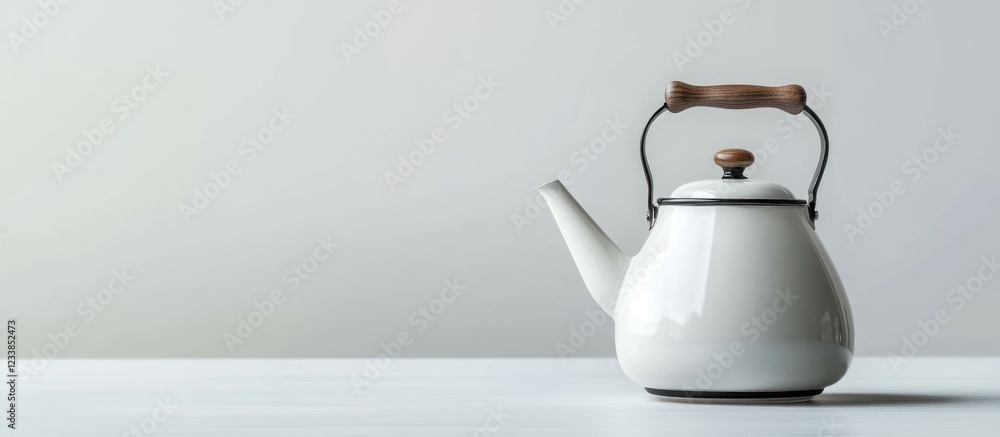 Poster elegant white metal kettle with black wooden handle and spacious empty background ideal for text or 