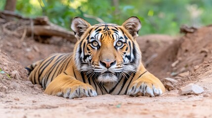 Obraz premium Majestic Tiger Lying in Natural Habitat with Intense Gaze