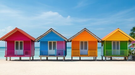 Colorful traditional beach houses with a serene shoreline and open space for text or design elements.