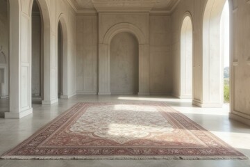 Fototapeta premium Sunlit interior with Persian rug on polished concrete floor and white arches