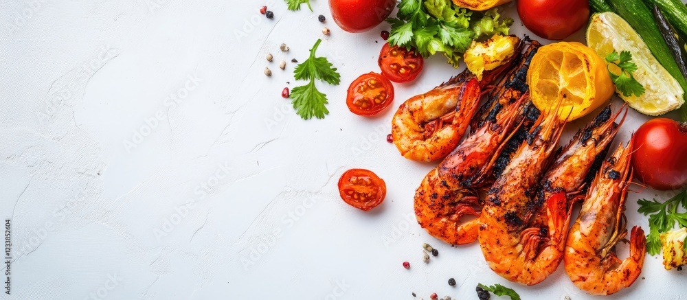 Aufkleber Freshly grilled shrimp with mixed vegetables on a folded towel against a white background showcasing ample space for text and design elements