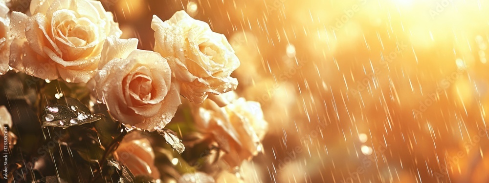 Poster white roses glistening with raindrops in a sunlit garden creating a serene atmosphere with ample spa