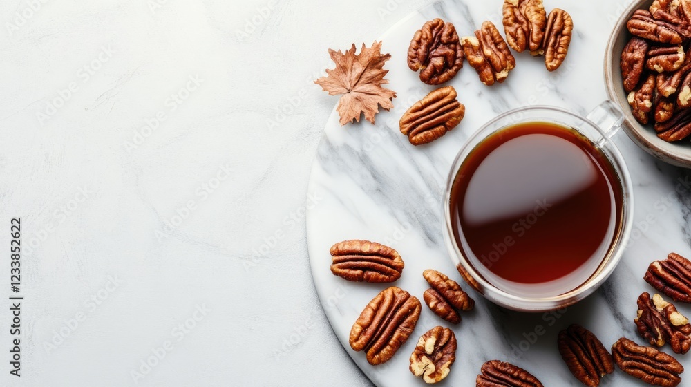 Poster winter coffee with roasted pecans and maple syrup on marble tray with empty space for text and seaso