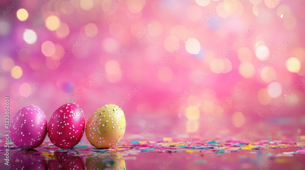 Fototapete Vibrant painted Easter eggs on a reflective surface surrounded by confetti against a pink bokeh background with empty space for text.