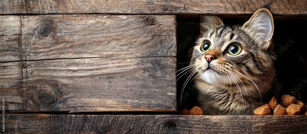 Poster cat peering out of a rustic wooden booth window with empty space for text and treats in a cozy atmos