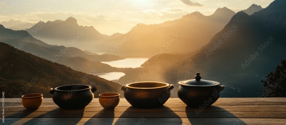 Aufkleber cauldrons on a banquet table with mountain view at sunset featuring empty space for text and serene 