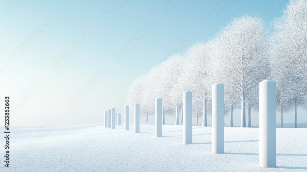Poster tranquil winter landscape featuring snowy trees and white pylons with ample space for text or graphi