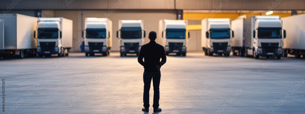 Poster warehouse manager supervising delivery trucks in large facility with empty space for text overlay