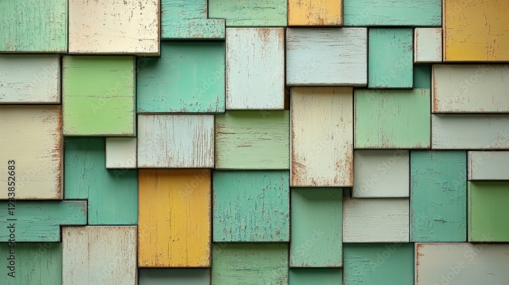 Leinwandbilder Top view of vintage wood tiles in pastel green and white hues creating a textured background with space for text or design elements