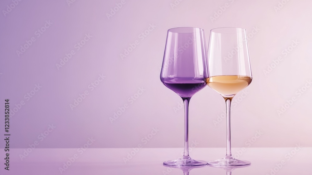 Poster wine glasses filled with purple and white wine on a minimalist background with ample copy space for 