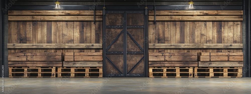 Aufkleber warehouse interior featuring a wooden pallet wall with ample empty space for text or design elements