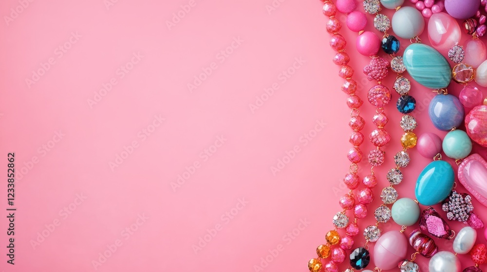 Poster vibrant colorful jewelry arrangement on soft pink background with space for custom text or promotion