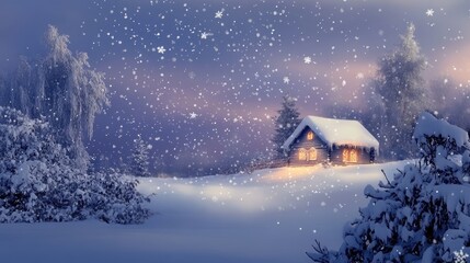 Serene Winter Landscape with Snowflakes and Cozy Cabin Illuminated in a Dreamy Christmas Sky Featuring Ample Copy Space for Text