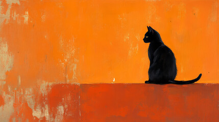 Illustration of black cat against orange background