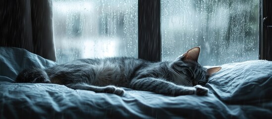Cozy cat sleeping on bed by rainy window with soft light creating a tranquil atmosphere perfect for text placement or relaxation themes