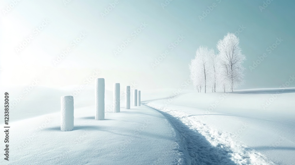 Poster serene winter landscape featuring white pylons and tranquil snowy path with ample space for text or 