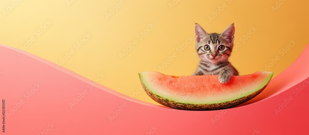 Poster cute cat sitting on watermelon slice against colorful minimalist background with empty space for tex
