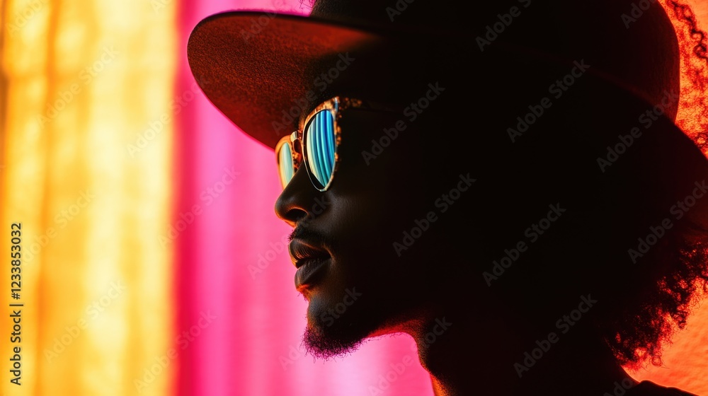 Poster vibrant silhouette of afro tourist with colorful backlighting and empty space for text display