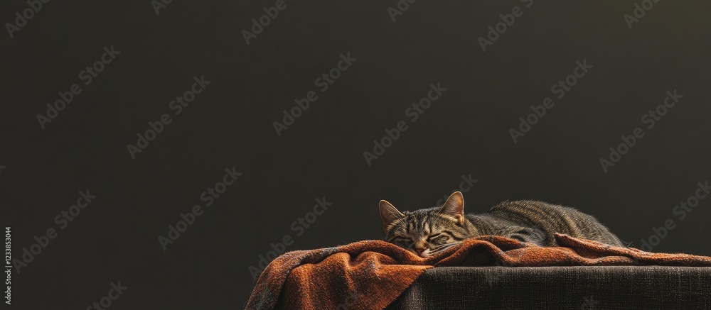 Poster cozy cat resting on a table wrapped in a warm blanket with empty space for text on a dark background